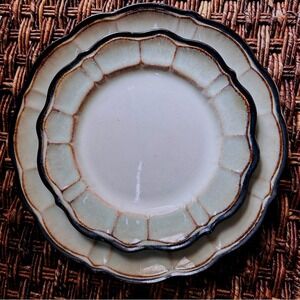 Rustic Celadon Green Set (8) Rimmed Stoneware Plates, Scalloped Edge